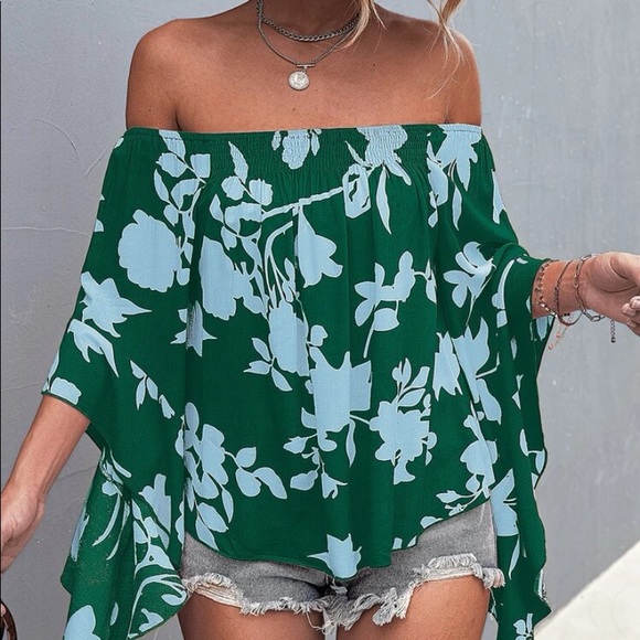 Boho floral print off shoulder shirred blouse